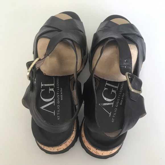 Attilio Guisti Leombruni Black 2” wedge platform strapping leather sandal Sz 39 - Picture 3 of 10
